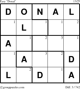 The grouppuzzles.com Easy Donal puzzle for  with the first 3 steps marked