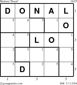 The grouppuzzles.com Medium Donal puzzle for  with all 5 steps marked