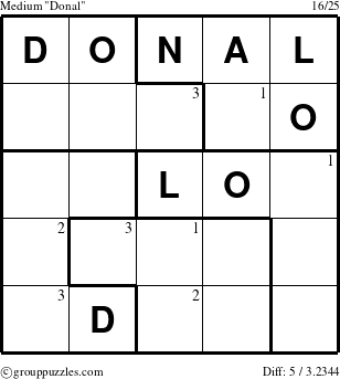 The grouppuzzles.com Medium Donal puzzle for  with the first 3 steps marked