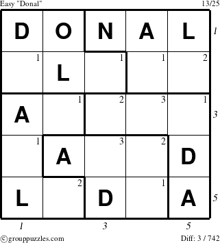 The grouppuzzles.com Easy Donal puzzle for  with all 3 steps marked