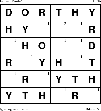 The grouppuzzles.com Easiest Dorthy puzzle for  with the first 2 steps marked