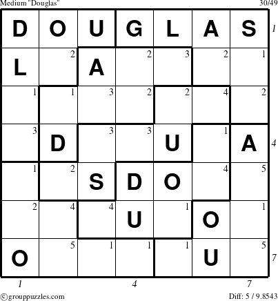 The grouppuzzles.com Medium Douglas puzzle for , suitable for printing, with all 5 steps marked