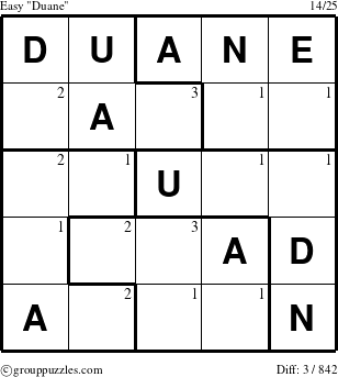 The grouppuzzles.com Easy Duane puzzle for  with the first 3 steps marked