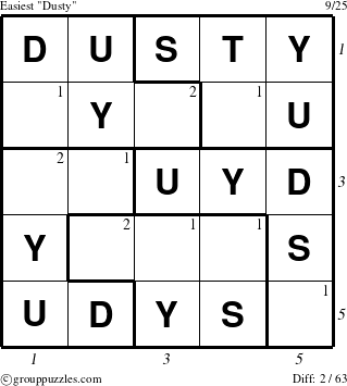 The grouppuzzles.com Easiest Dusty puzzle for , suitable for printing, with all 2 steps marked