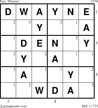 The grouppuzzles.com Easy Dwayne puzzle for  with all 3 steps marked