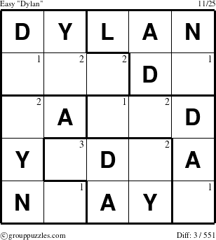 The grouppuzzles.com Easy Dylan puzzle for  with the first 3 steps marked