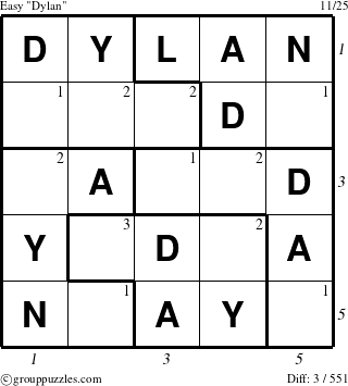 The grouppuzzles.com Easy Dylan puzzle for  with all 3 steps marked