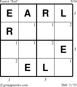 The grouppuzzles.com Easiest Earl puzzle for  with all 2 steps marked