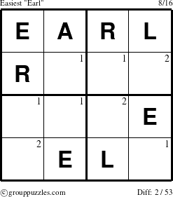 The grouppuzzles.com Easiest Earl puzzle for  with the first 2 steps marked