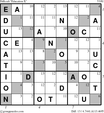 The grouppuzzles.com Difficult Education-X-c1 puzzle for , suitable for printing, with all 13 steps marked