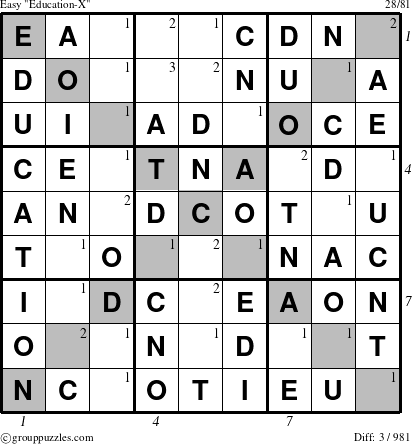 The grouppuzzles.com Easy Education-X-c1 puzzle for , suitable for printing, with all 3 steps marked