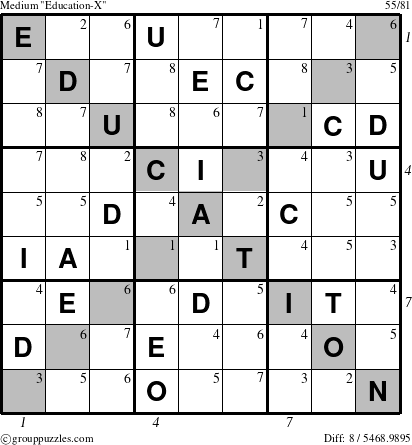 The grouppuzzles.com Medium Education-X-d1 puzzle for , suitable for printing, with all 8 steps marked