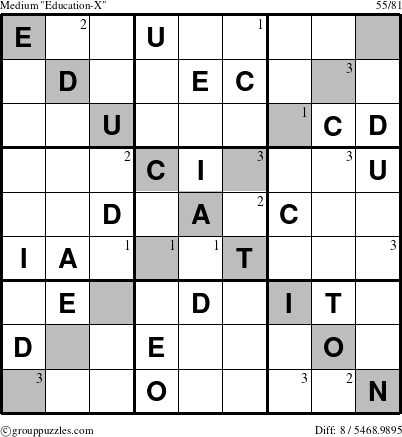 The grouppuzzles.com Medium Education-X-d1 puzzle for  with the first 3 steps marked