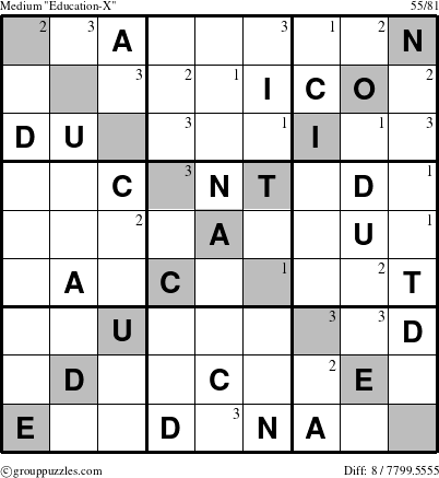 The grouppuzzles.com Medium Education-X-d2 puzzle for  with the first 3 steps marked