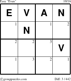 The grouppuzzles.com Easy Evan puzzle for  with the first 3 steps marked