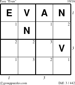 The grouppuzzles.com Easy Evan puzzle for  with all 3 steps marked