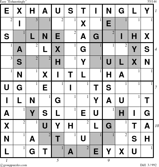 The grouppuzzles.com Easy Exhaustingly puzzle for , suitable for printing, with all 3 steps marked