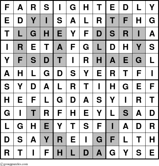 The grouppuzzles.com Answer grid for the Farsightedly puzzle for 