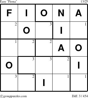 The grouppuzzles.com Easy Fiona puzzle for  with the first 3 steps marked