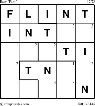 The grouppuzzles.com Easy Flint puzzle for  with the first 3 steps marked