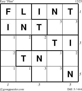 The grouppuzzles.com Easy Flint puzzle for , suitable for printing, with all 3 steps marked