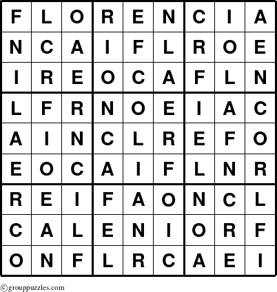 The grouppuzzles.com Answer grid for the Florencia puzzle for 