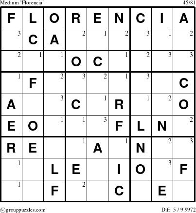 The grouppuzzles.com Medium Florencia puzzle for  with the first 3 steps marked