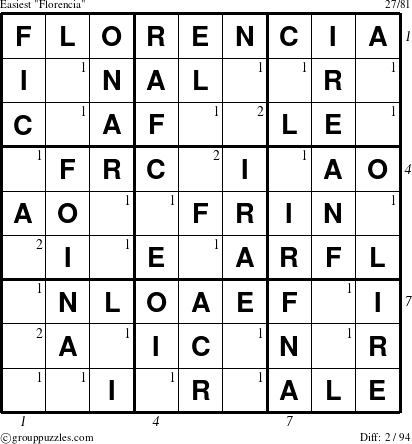 The grouppuzzles.com Easiest Florencia puzzle for , suitable for printing, with all 2 steps marked