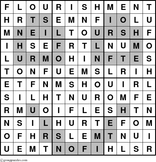 The grouppuzzles.com Answer grid for the Flourishment puzzle for 