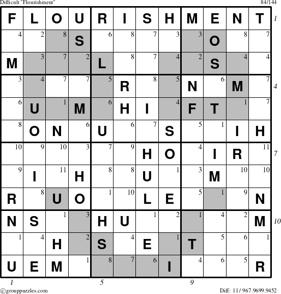 The grouppuzzles.com Difficult Flourishment puzzle for , suitable for printing, with all 11 steps marked