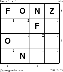 The grouppuzzles.com Easiest Fonz puzzle for , suitable for printing, with all 2 steps marked