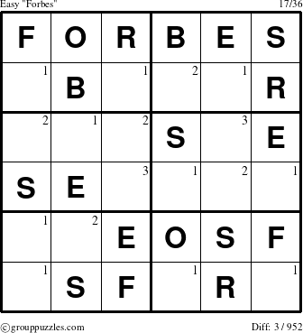 The grouppuzzles.com Easy Forbes puzzle for  with the first 3 steps marked