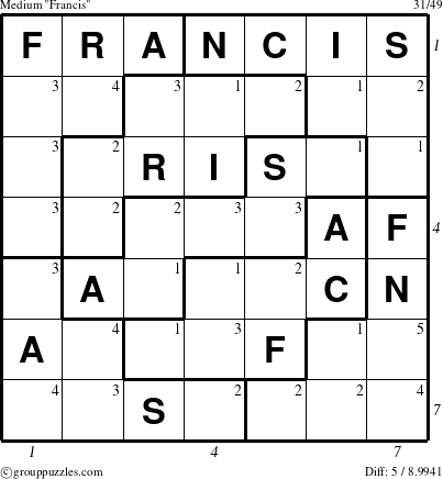 The grouppuzzles.com Medium Francis puzzle for , suitable for printing, with all 5 steps marked