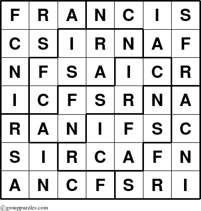 The grouppuzzles.com Answer grid for the Francis puzzle for 