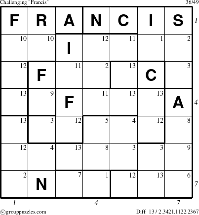 The grouppuzzles.com Challenging Francis puzzle for , suitable for printing, with all 13 steps marked