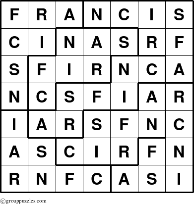 The grouppuzzles.com Answer grid for the Francis puzzle for 