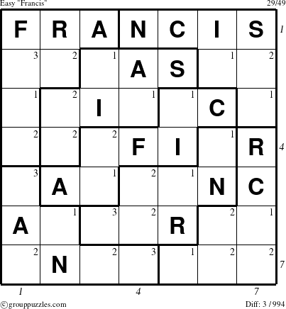 The grouppuzzles.com Easy Francis puzzle for , suitable for printing, with all 3 steps marked