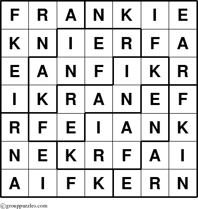 The grouppuzzles.com Answer grid for the Frankie puzzle for 