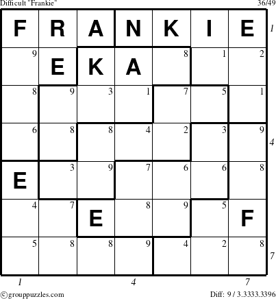 The grouppuzzles.com Difficult Frankie puzzle for , suitable for printing, with all 9 steps marked