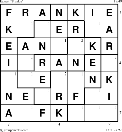 The grouppuzzles.com Easiest Frankie puzzle for , suitable for printing, with all 2 steps marked