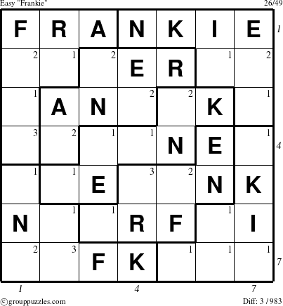 The grouppuzzles.com Easy Frankie puzzle for , suitable for printing, with all 3 steps marked