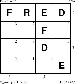 The grouppuzzles.com Easy Fred puzzle for , suitable for printing, with all 3 steps marked