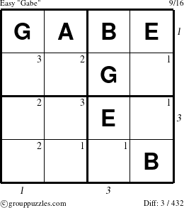 The grouppuzzles.com Easy Gabe puzzle for , suitable for printing, with all 3 steps marked