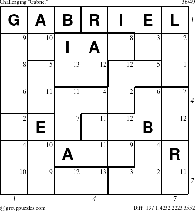 The grouppuzzles.com Challenging Gabriel puzzle for , suitable for printing, with all 13 steps marked