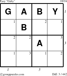 The grouppuzzles.com Easy Gaby puzzle for , suitable for printing, with all 3 steps marked