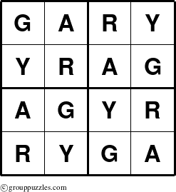 The grouppuzzles.com Answer grid for the Gary puzzle for 