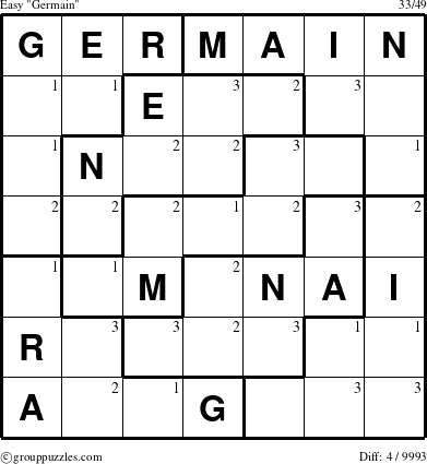 The grouppuzzles.com Easy Germain puzzle for  with the first 3 steps marked