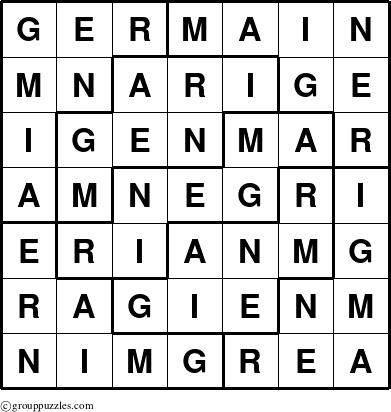 The grouppuzzles.com Answer grid for the Germain puzzle for 