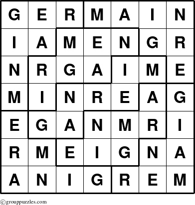 The grouppuzzles.com Answer grid for the Germain puzzle for 