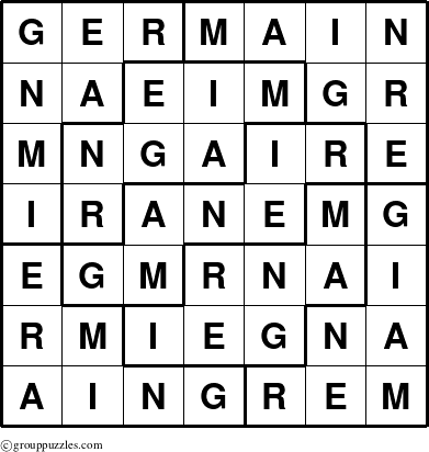 The grouppuzzles.com Answer grid for the Germain puzzle for 